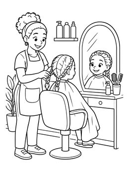 Free printable Stylist Braiding Girl's Hair In Salon coloring page