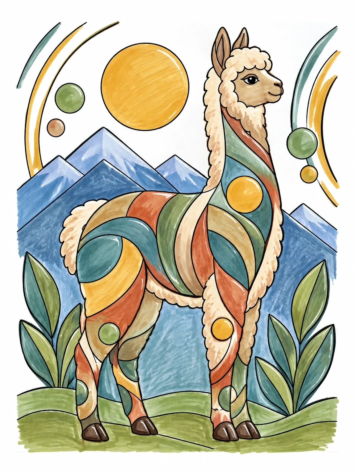 Colored example of the Stylized Alpaca In Mountain Landscape coloring page