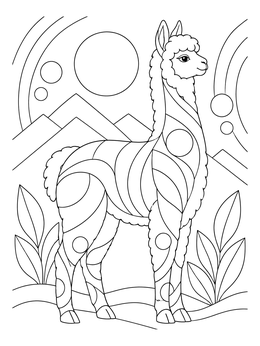 An ornate alpaca coloring page featuring geometric patterns and a scenic mountain backdrop.