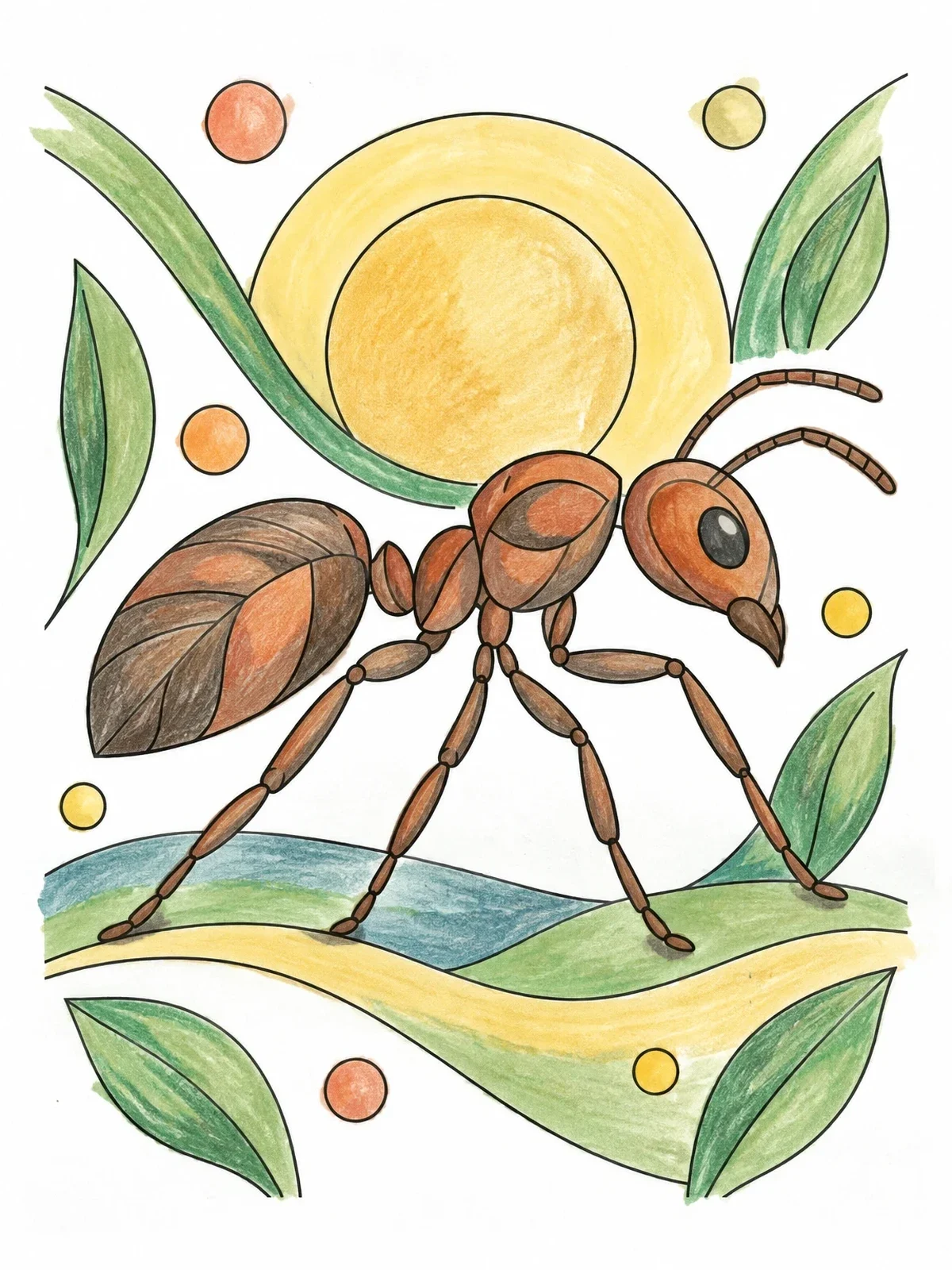 Colored example of the Stylized Ant In Nature coloring page