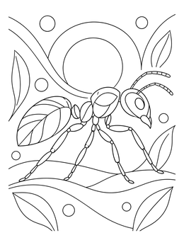 A detailed ant coloring page surrounded by abstract leaves and geometric shapes.