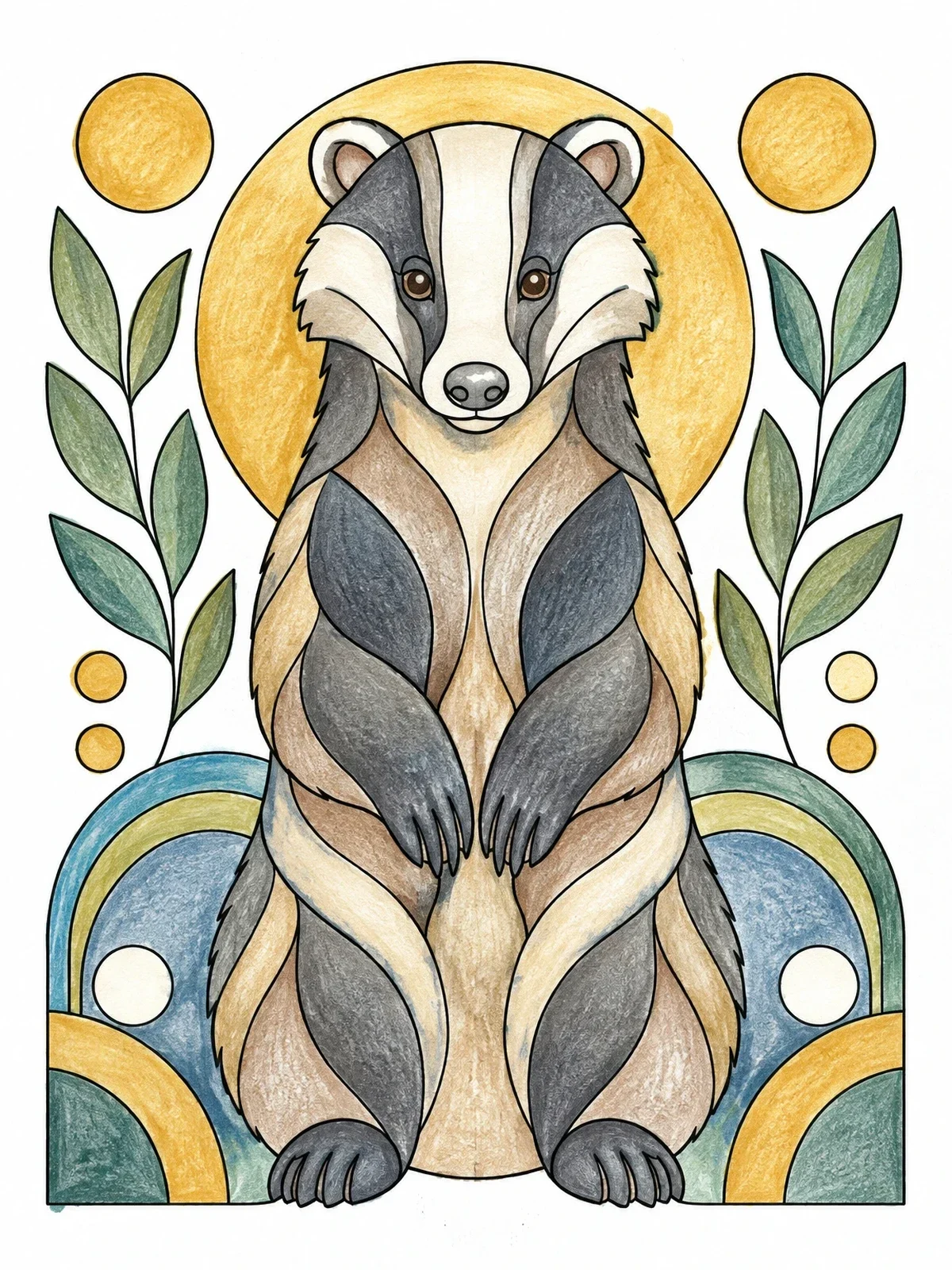 Colored example of the Stylized Upright Badger Portrait coloring page