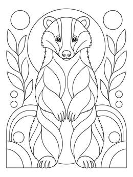 A decorative badger coloring page featuring an upright badger framed by botanical patterns.