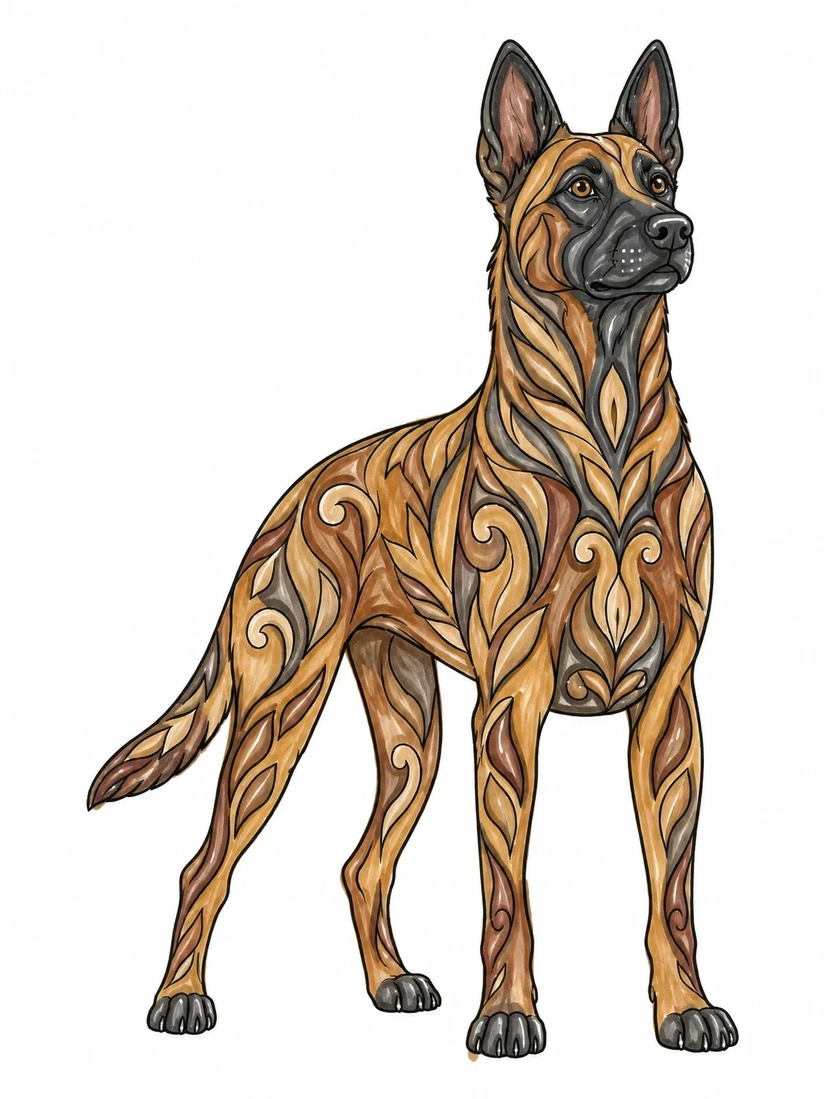 Colored example of the Stylized Belgian Malinois In Alert Stance coloring page