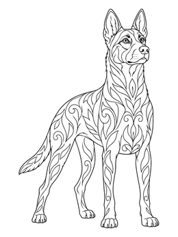 An ornate belgian malinois coloring page featuring decorative floral patterns across the dog.