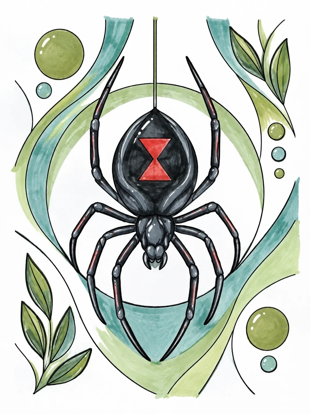 Colored example of the Stylized Black Widow Spider coloring page