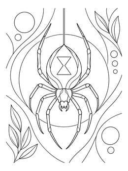 A black widow spider coloring page featuring an hourglass mark and abstract nature patterns.