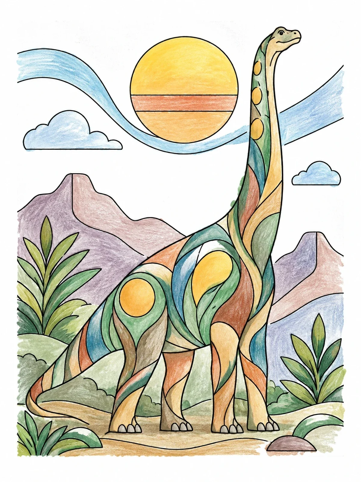 Colored example of the Stylized Brachiosaurus In Prehistoric Landscape coloring page