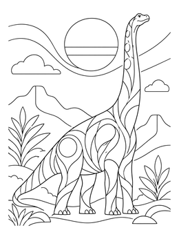 A detailed brachiosaurus coloring page set against prehistoric mountains and a large sun.