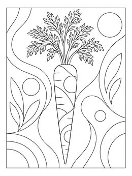 An artistic carrot coloring page surrounded by abstract swirling shapes and leafy details.