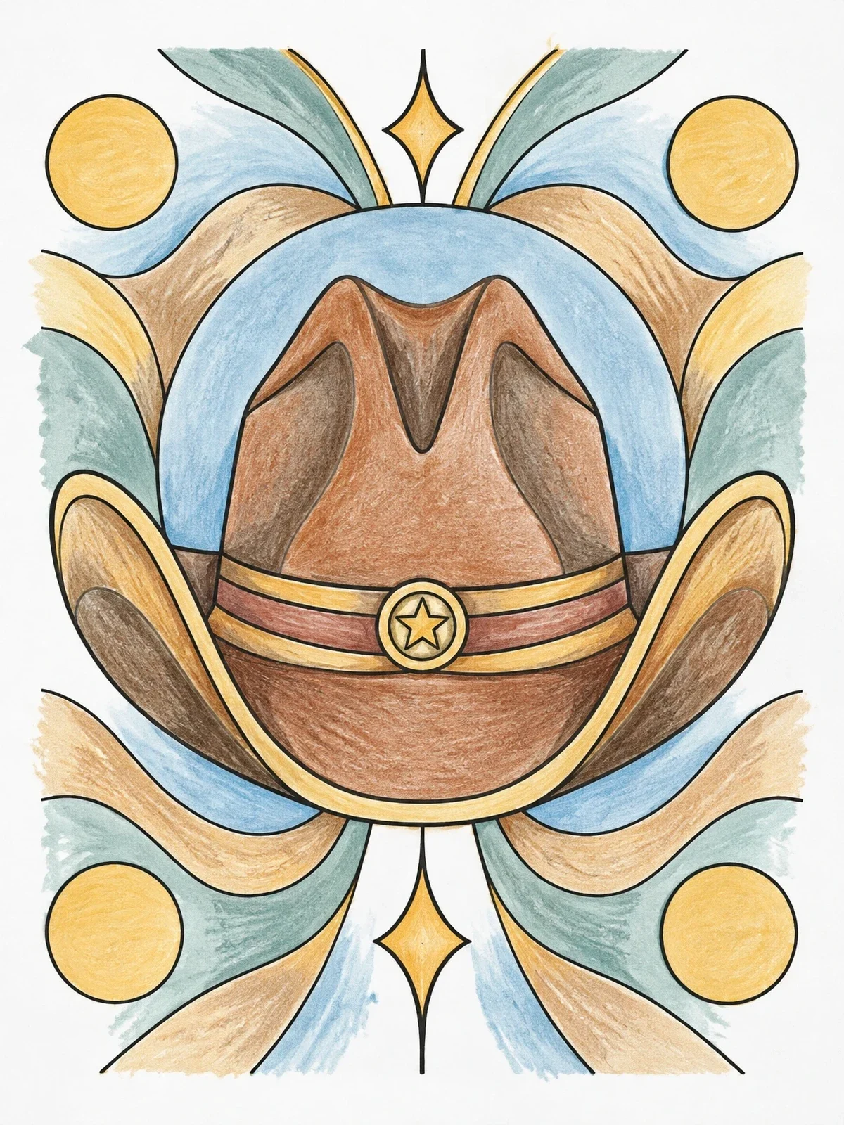 Colored example of the Stylized Cowboy Hat With Star Emblem coloring page