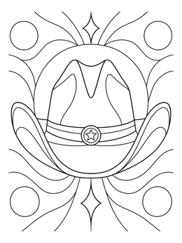 Decorated cowboy hat coloring page set against flowing abstract patterns.