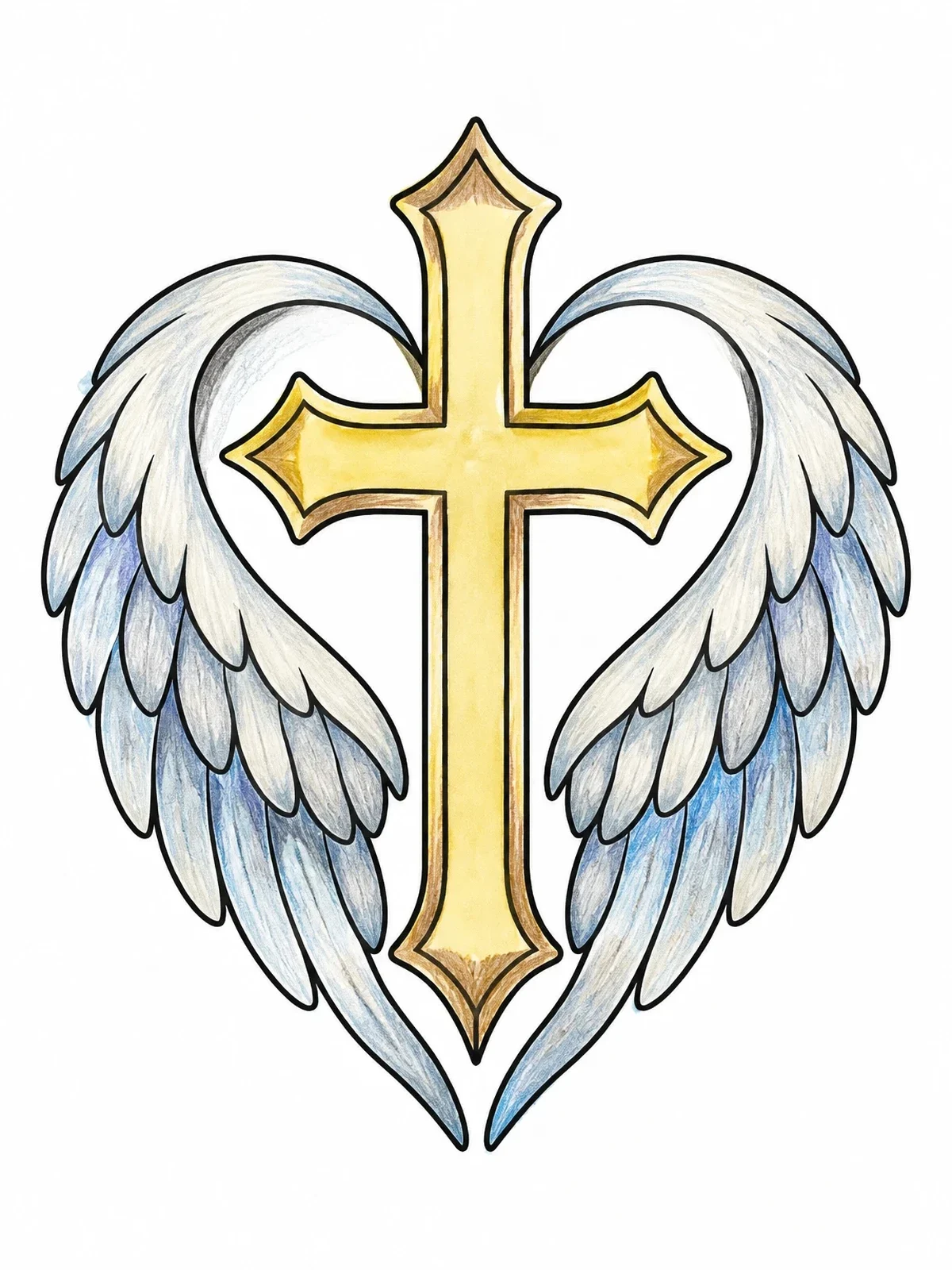 Colored example of the Stylized Cross With Heart Wings coloring page