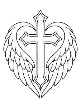 A detailed cross and heart coloring page featuring angel wings arched around a decorative cross.