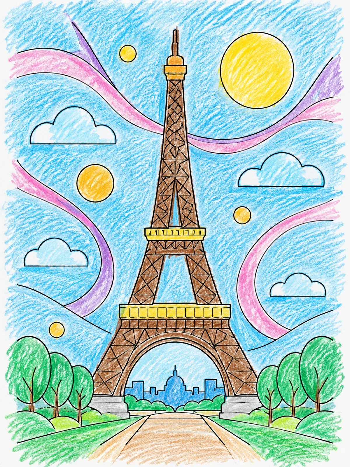 Colored example of the Stylized Eiffel Tower In Paris coloring page