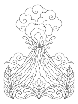 Stylized volcano coloring page with billowing smoke and decorative leaves.