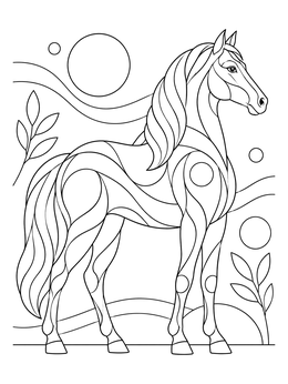 An elegant horse coloring page in an artistic stained-glass style surrounded by nature elements.