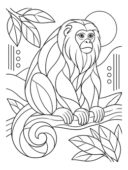 A detailed howler monkey coloring page sitting gracefully on a tree branch.