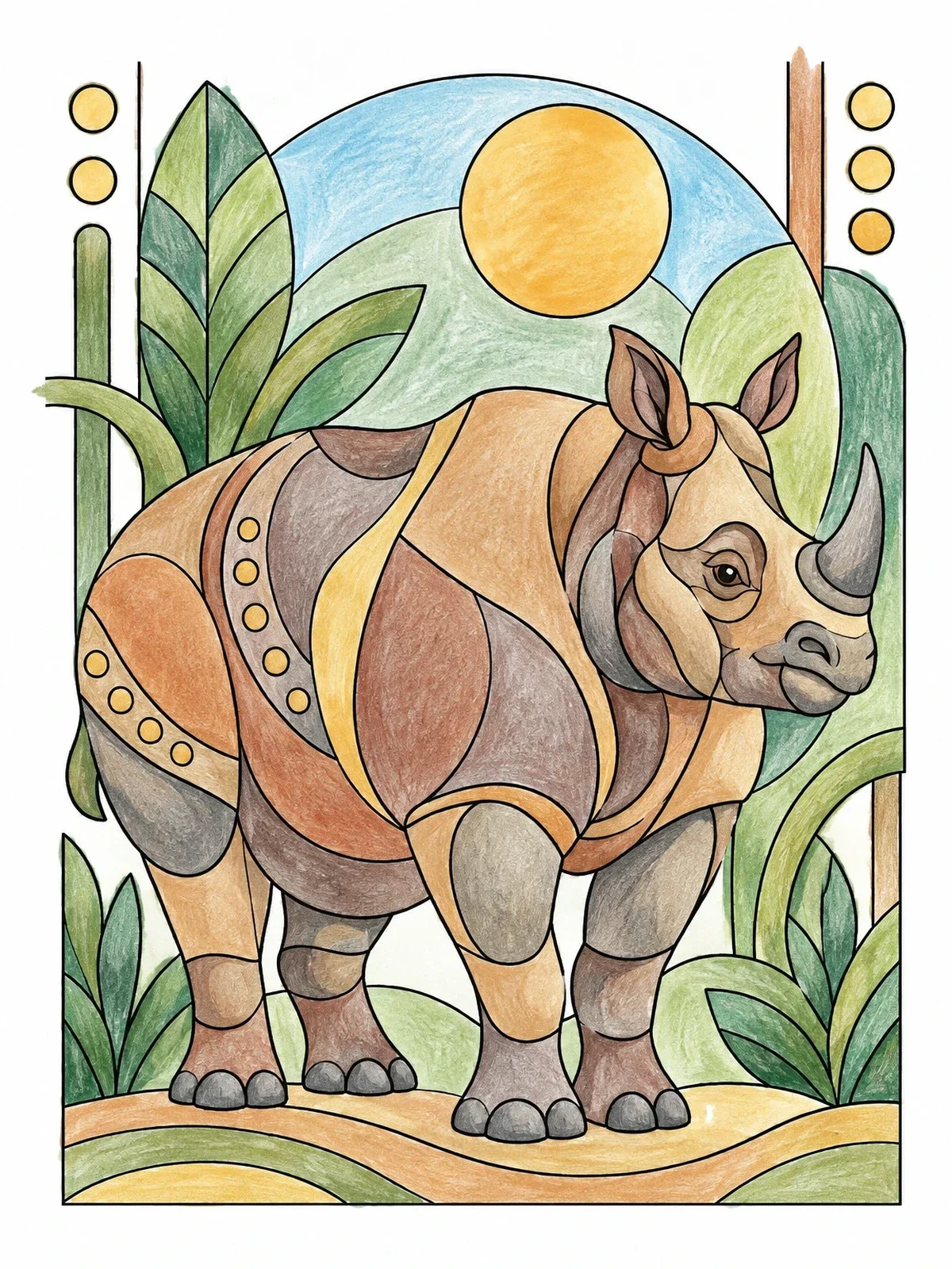 Colored example of the Stylized Indian Rhinoceros In Nature coloring page