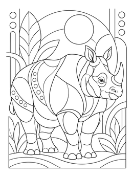 An artistic india coloring page featuring a stylized Indian rhinoceros with decorative patterns.