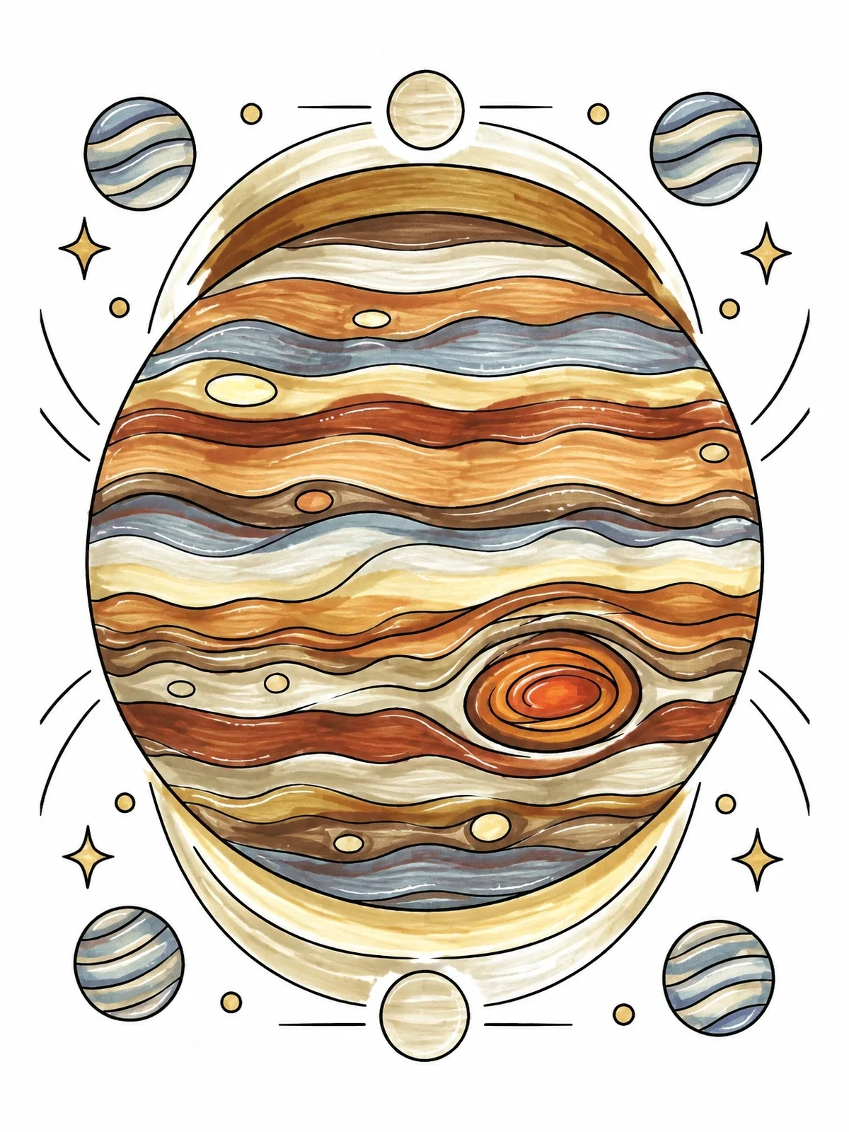 Colored example of the Stylized Planet Jupiter With Atmospheric Bands coloring page