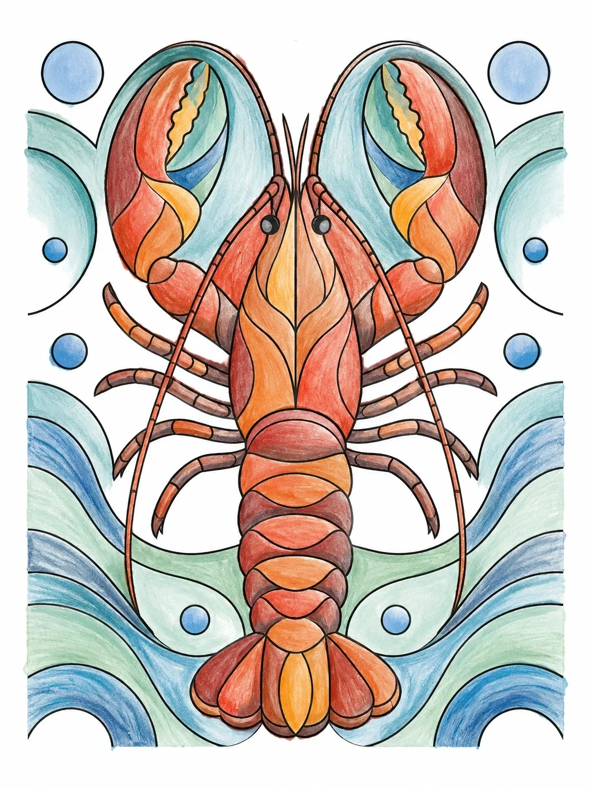 Colored example of the Stylized Maine Lobster Mosaic coloring page