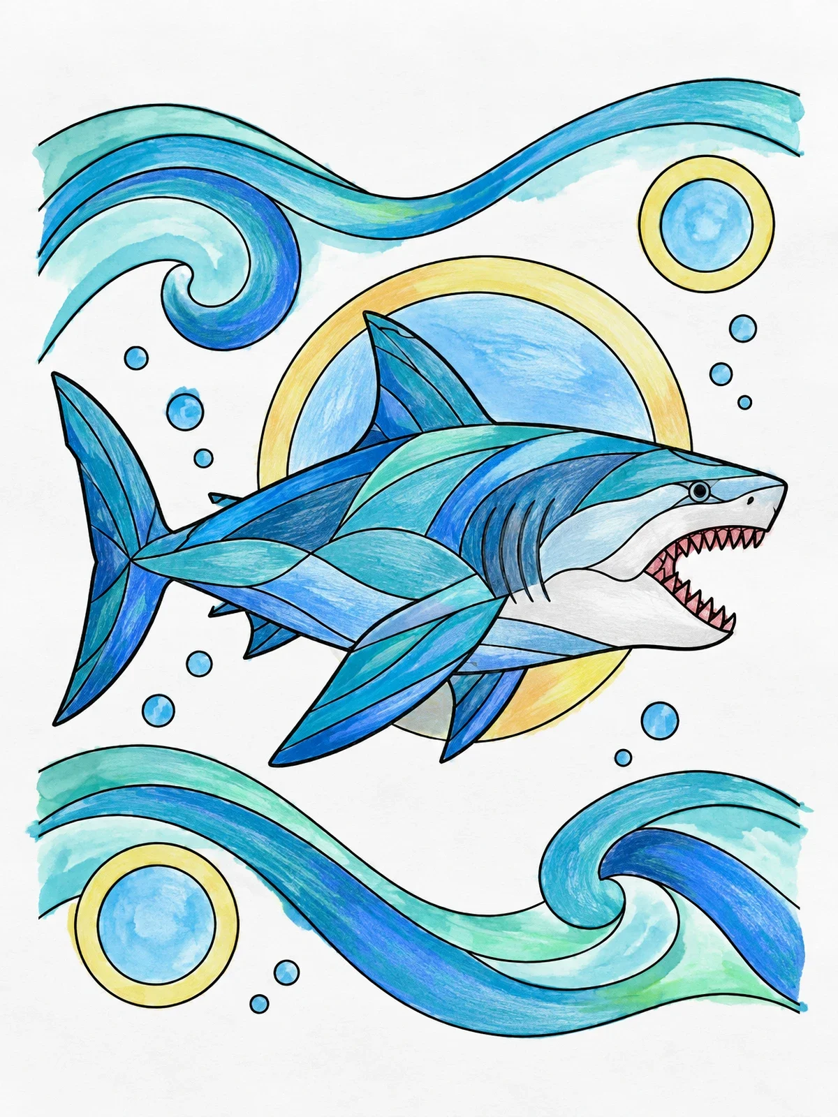 Colored example of the Stylized Megalodon In Ocean Currents coloring page