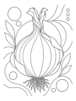 An artistic onion coloring page featuring smooth flowing lines and geometric accents.