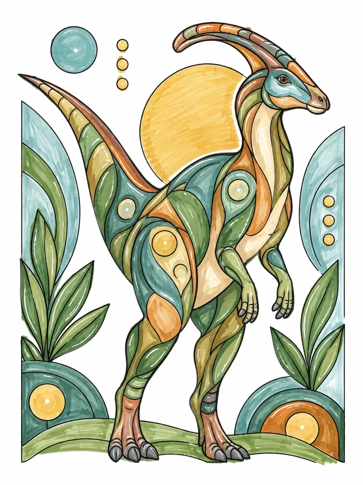 Colored example of the Stylized Parasaurolophus In Nature coloring page