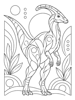 Artistic parasaurolophus coloring page standing upright amid geometric plants.