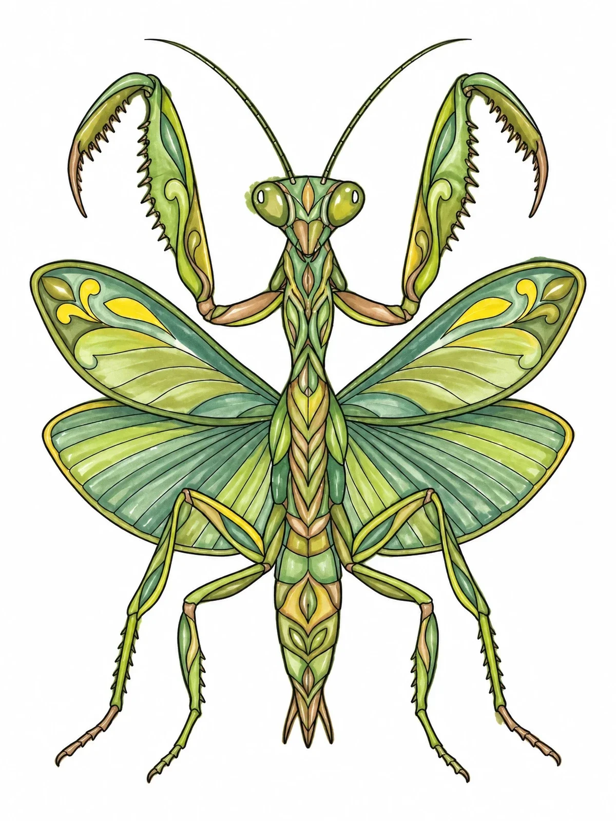 Colored example of the Stylized Praying Mantis Display coloring page