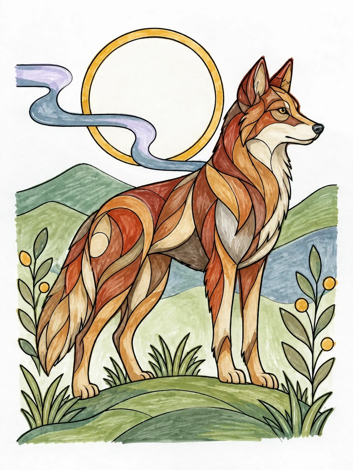 Colored example of the Stylized Red Wolf Under The Moon coloring page
