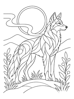 A stylized red wolf coloring page standing proudly on a hill beneath a large moon.