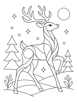 A graceful reindeer coloring page featuring elegant line art under a starry sky.