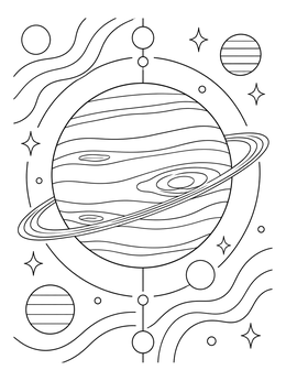A decorative neptune coloring page featuring rings, swirling atmospheric bands, and distant stars.
