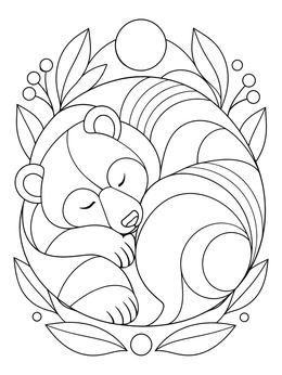 A peaceful stylized sleeping bear coloring page surrounded by botanical leaves.
