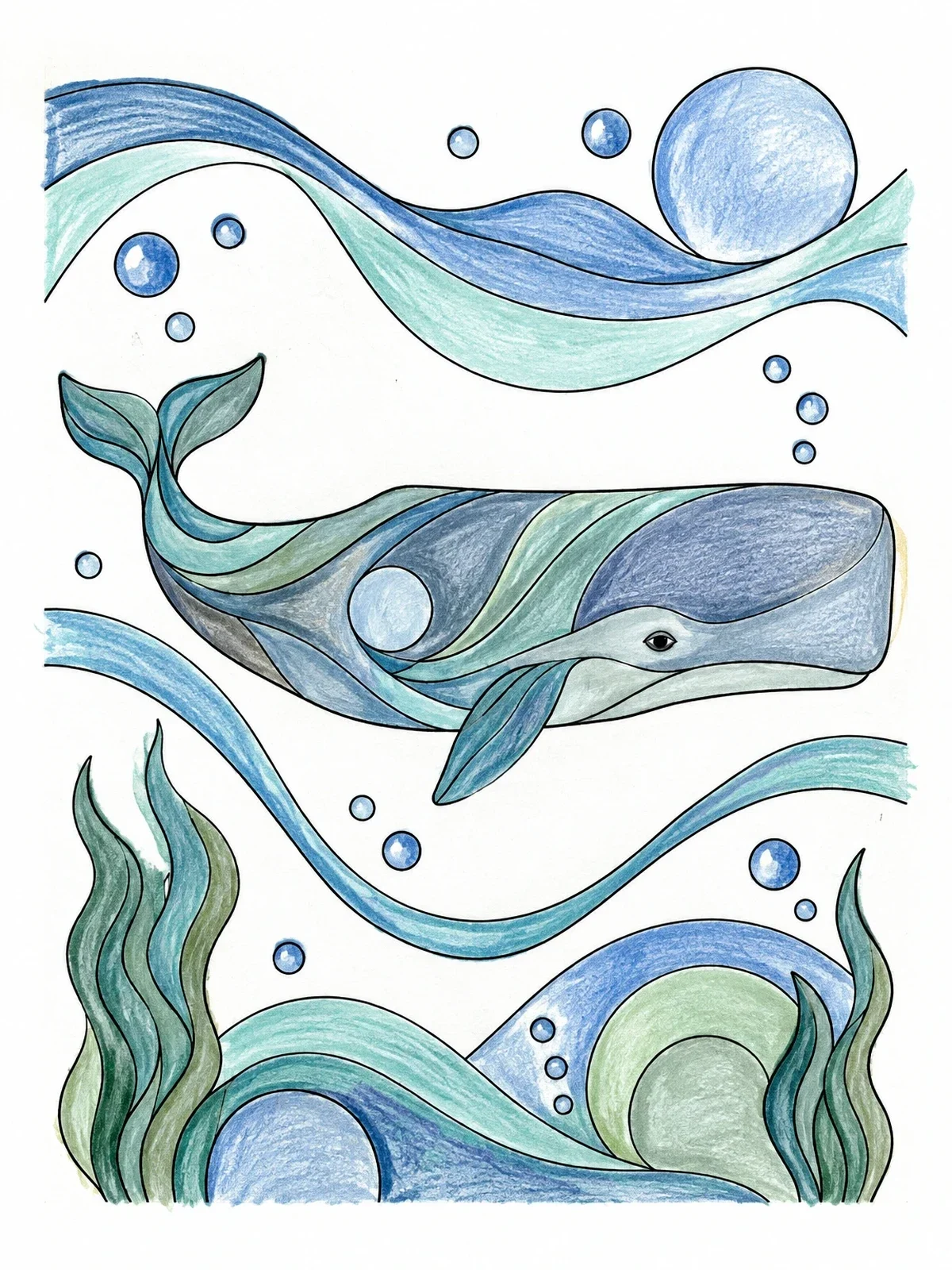 Colored example of the Stylized Sperm Whale Swimming Underwater coloring page
