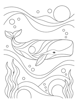 Artistic sperm whale coloring page with flowing patterns and bubbles.