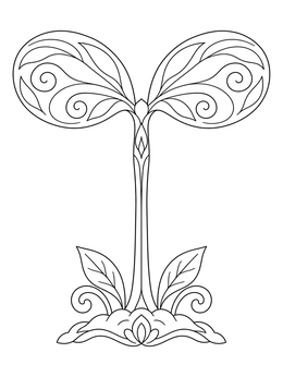 A decorative plant sprout coloring page with ornate cotyledon leaves and swirling patterns.
