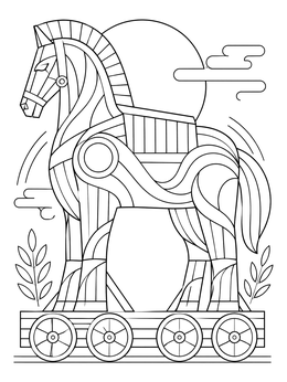 Geometric trojan horse coloring page on a wheeled wooden platform with the sun behind it.