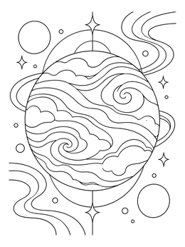Stylized planet with flowing clouds and stars on a venus coloring page.
