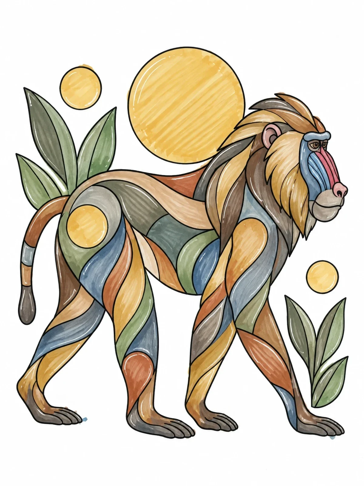Colored example of the Stylized Walking Baboon Art coloring page