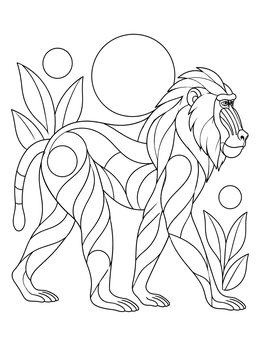 Artistic baboon coloring page featuring a walking baboon in a flowing modern line art style.