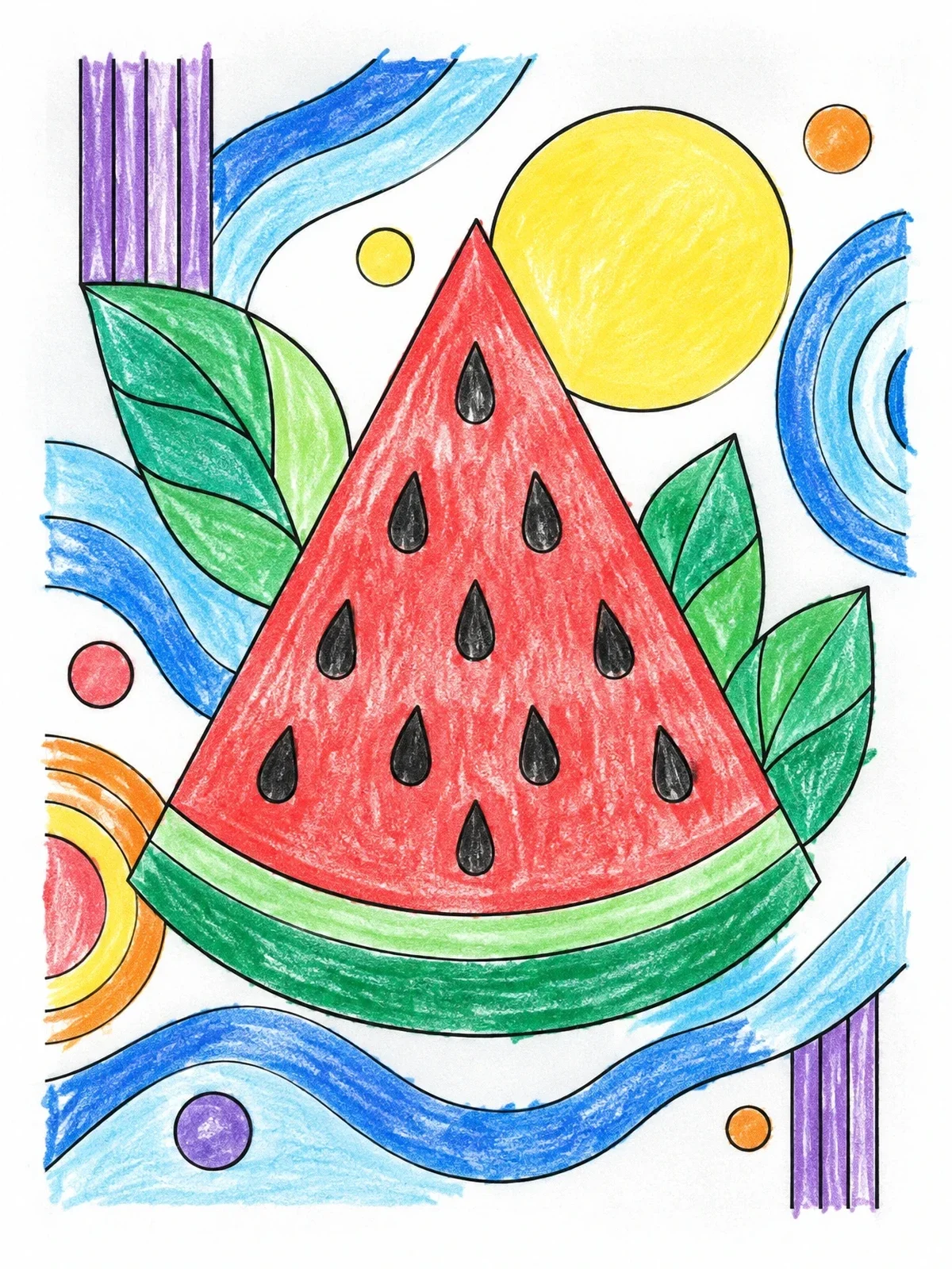 Colored example of the Stylized Watermelon Slice With Abstract Patterns coloring page