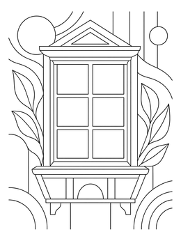 A decorative cottage window coloring page with geometric shapes and leaves.
