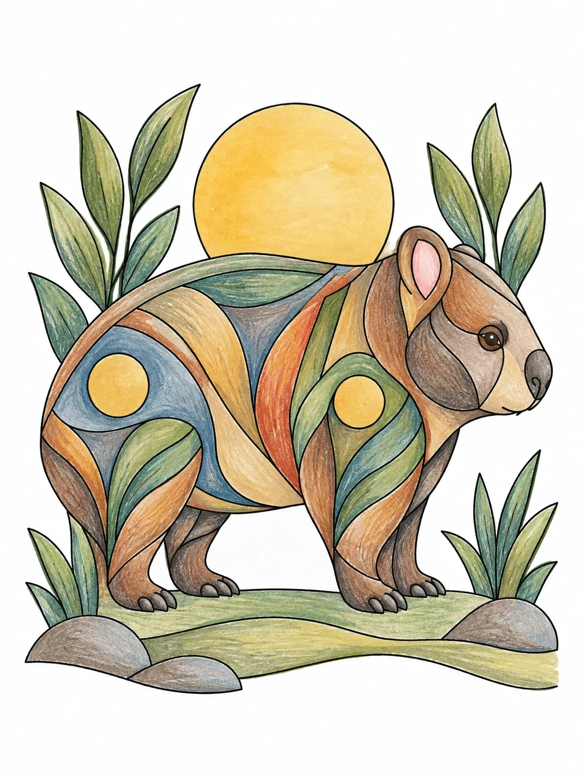 Colored example of the Stylized Wombat In Nature coloring page