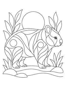 A stylized wombat coloring page surrounded by tall grass under the sun.