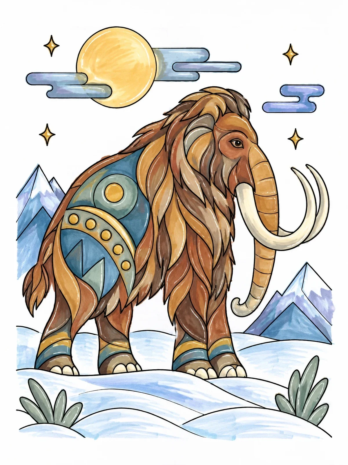 Colored example of the Stylized Woolly Mammoth Under The Moon coloring page