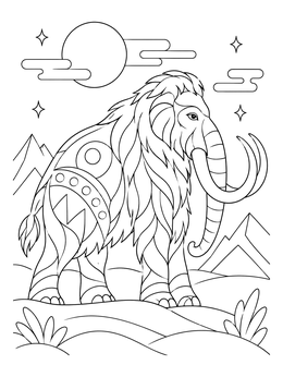 A decorative woolly mammoth coloring page with patterned fur, mountains, and a night sky.