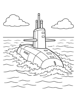 A detailed submarine coloring page featuring a naval sub cruising on the ocean surface under clouds.